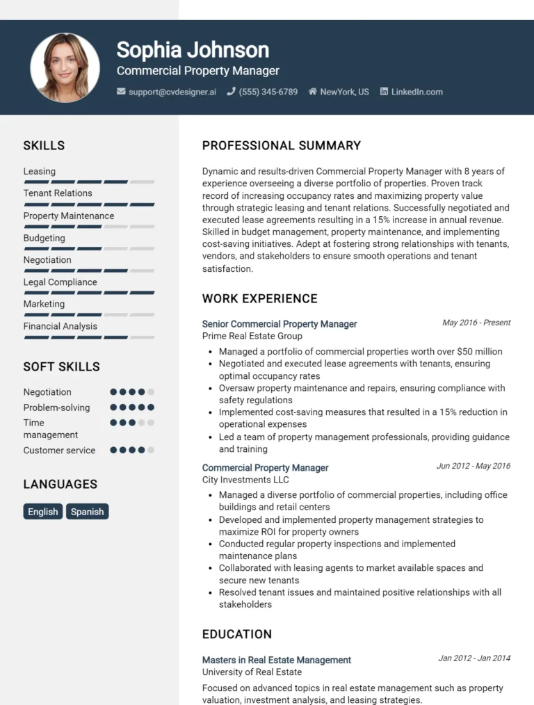 Commercial Property Manager CV Example For 2025: Strategies & Templates