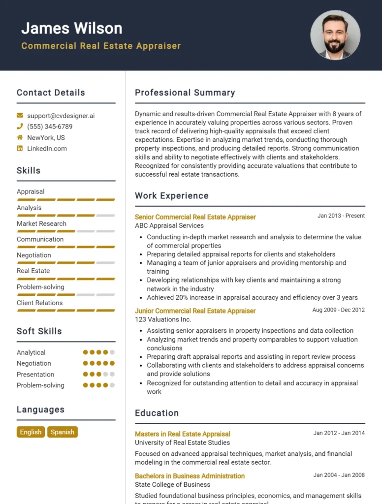 Commercial Real Estate Appraiser CV Example