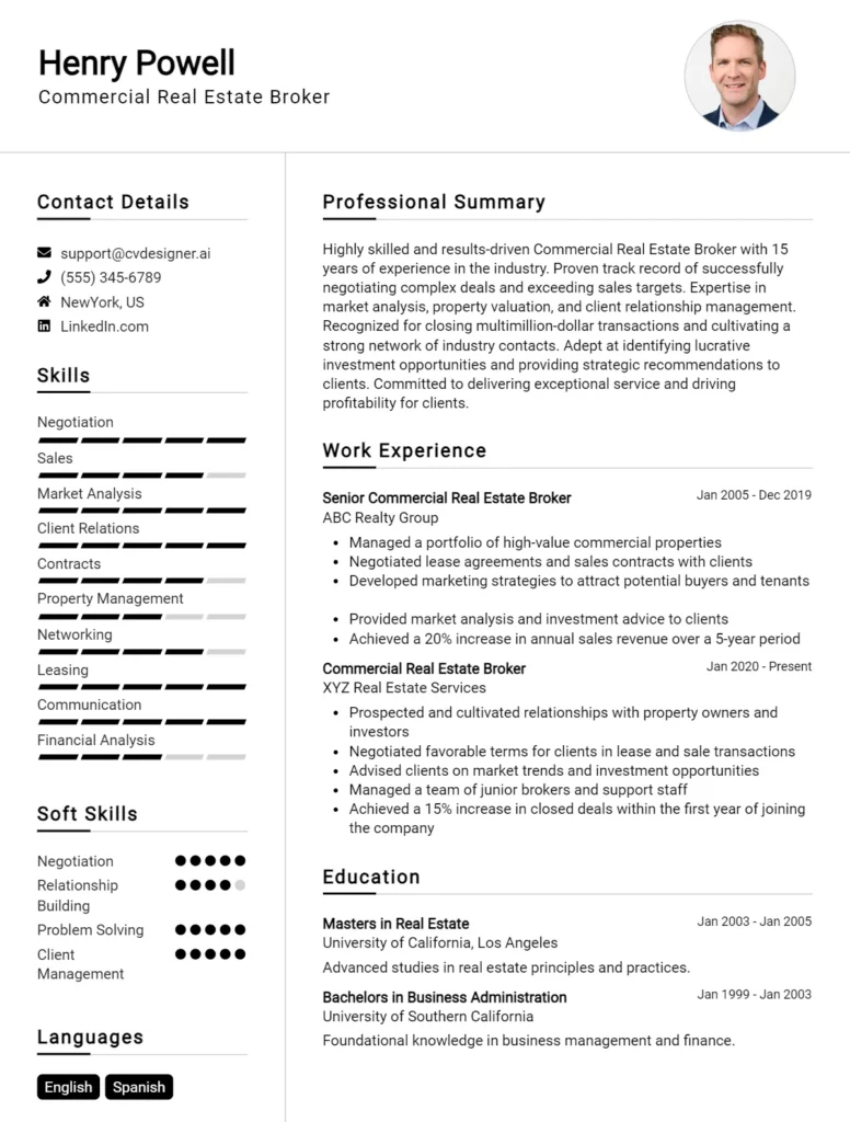 Commercial Real Estate Broker CV Example