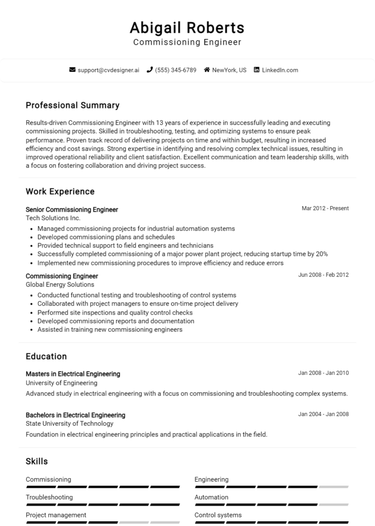 Commissioning Engineer Resume Example