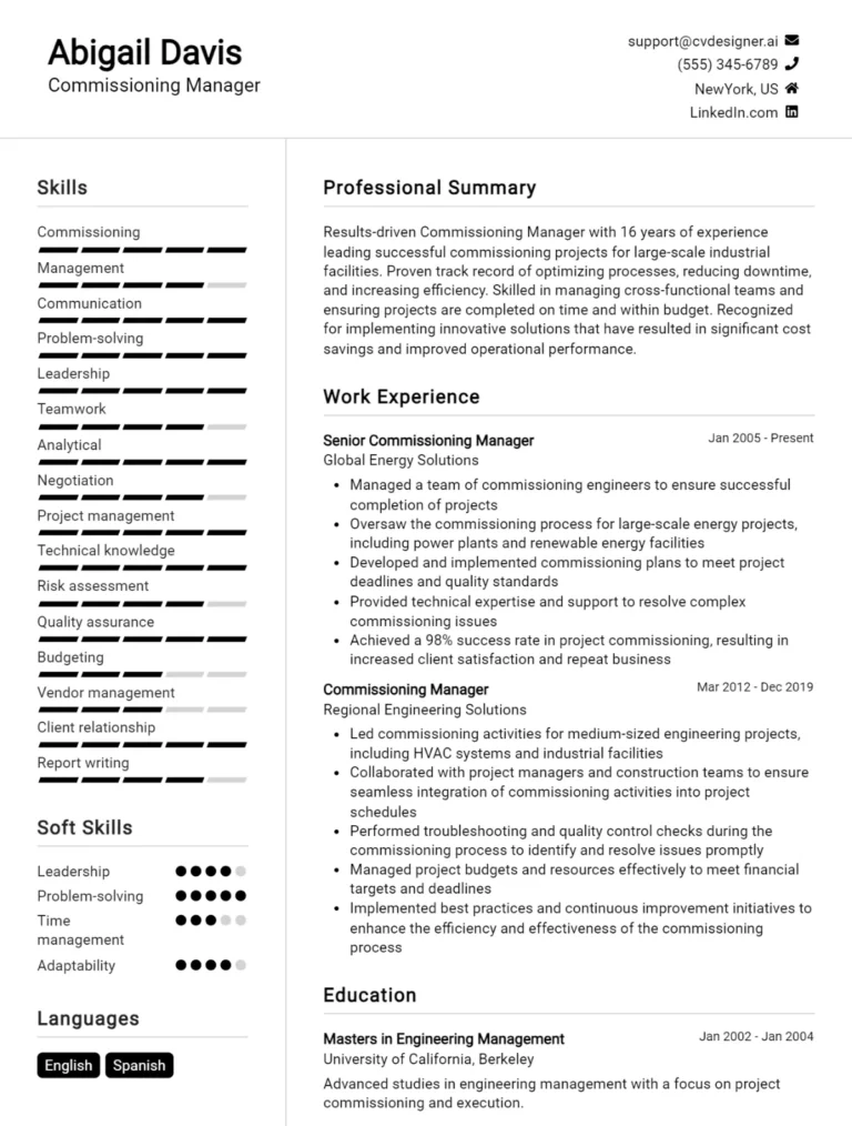 Commissioning Manager CV Example For 2025: Expert Tips & Templates
