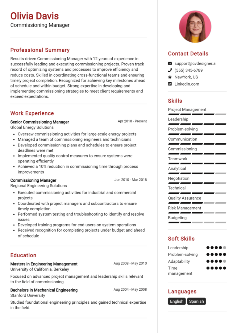 Commissioning Manager Resume Example for 2025: Tips & Templates