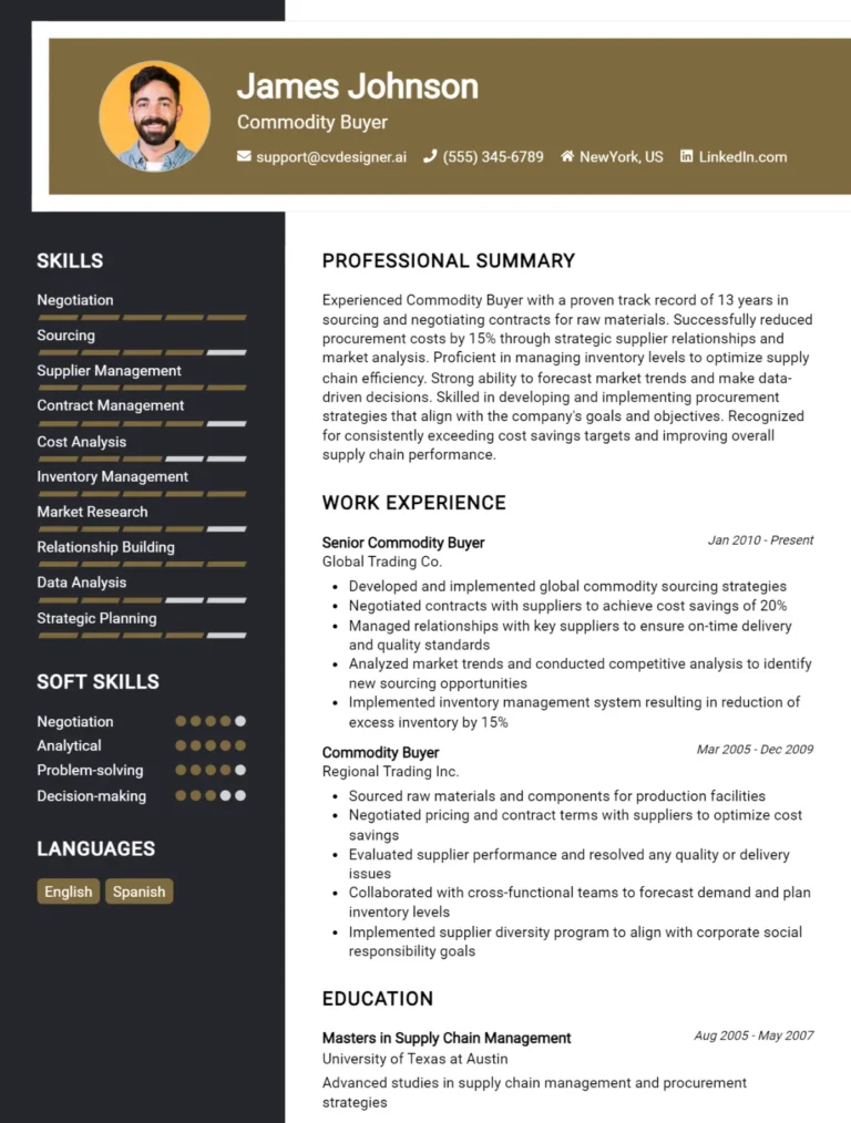 Commodity Buyer CV Example For 2025: Professional CV Templates
