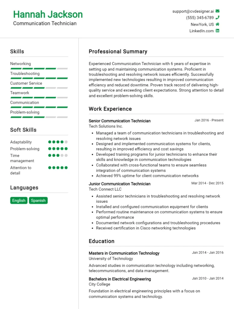 Communication Technician CV Example