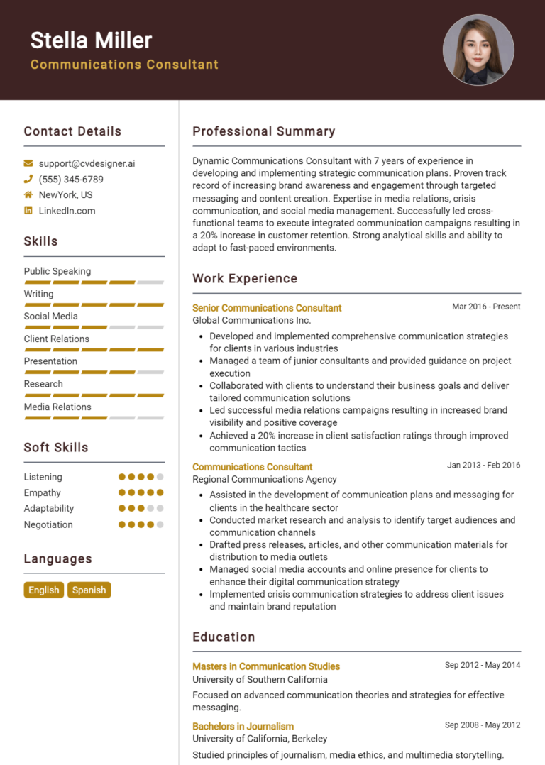 Communications Consultant Resume Example for 2025: Free Examples