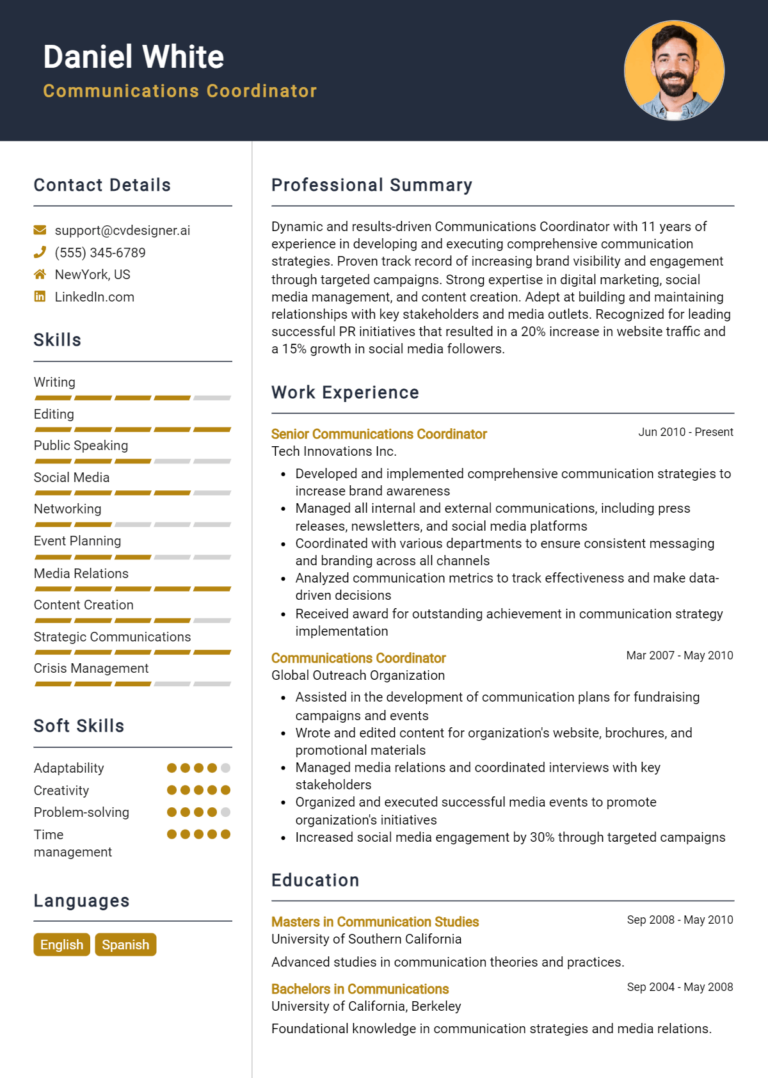 Communications Coordinator Resume Example for 2025: Free Samples