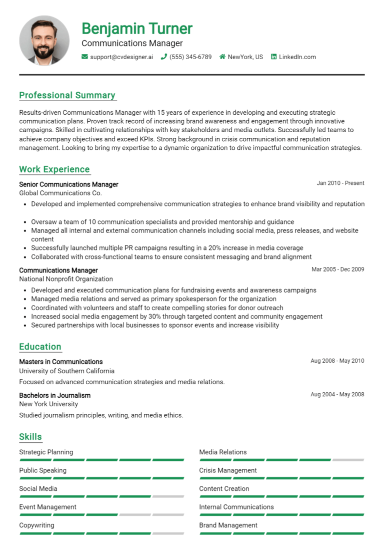 Communications Manager Resume Example for 2025: Best Tips
