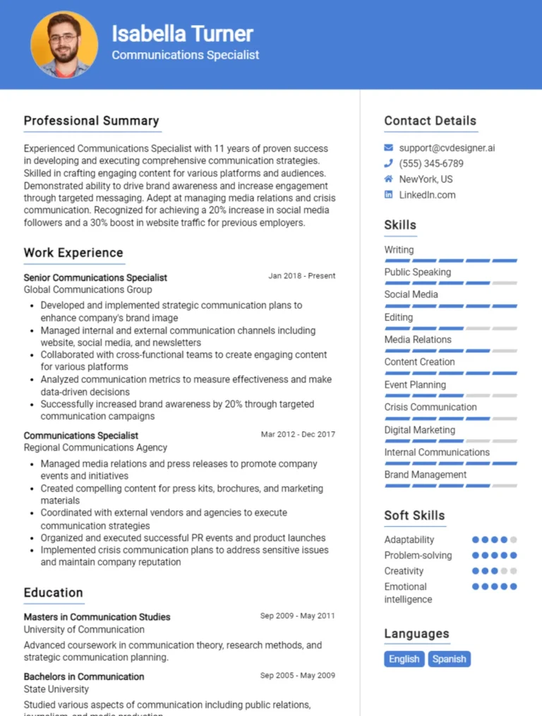 Communications Specialist CV Example For 2025: Top Tips & Samples