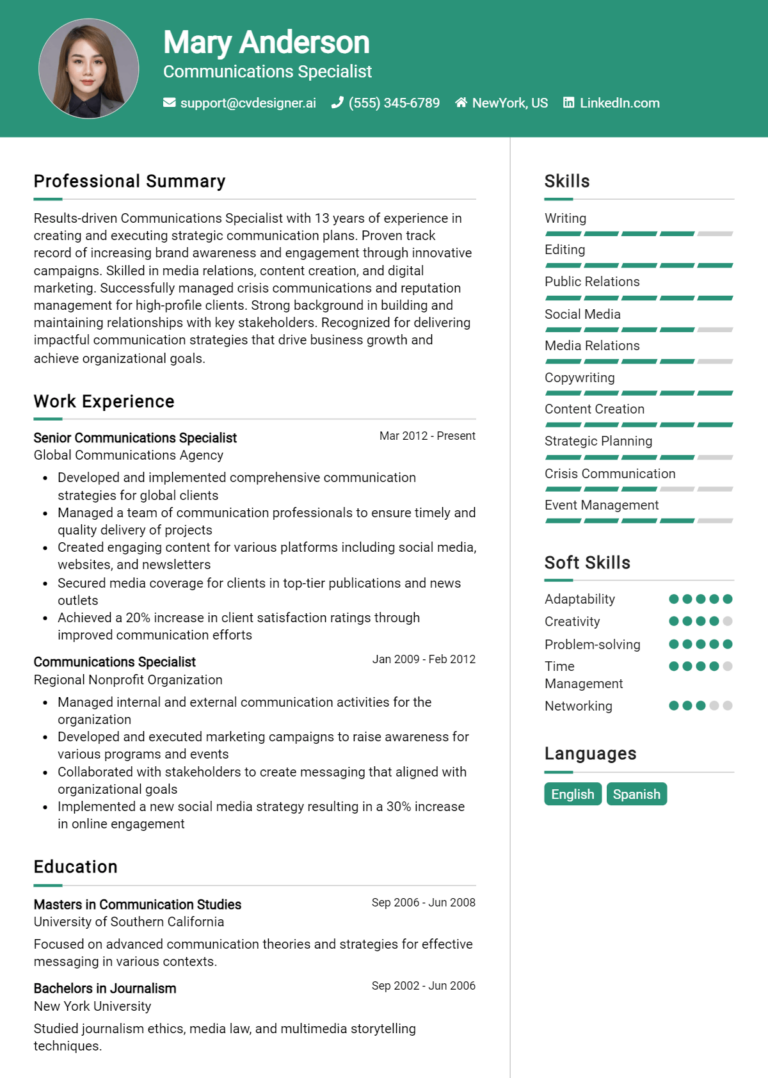 Communications Specialist Resume Example for 2025: Downloadable Templates