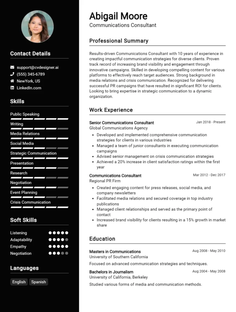 Communications Consultant CV Example For 2025: Tips to Stand Out
