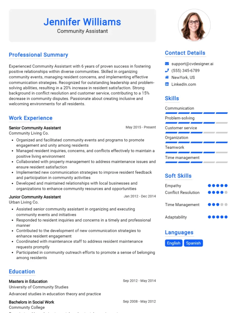Community Assistant CV Example