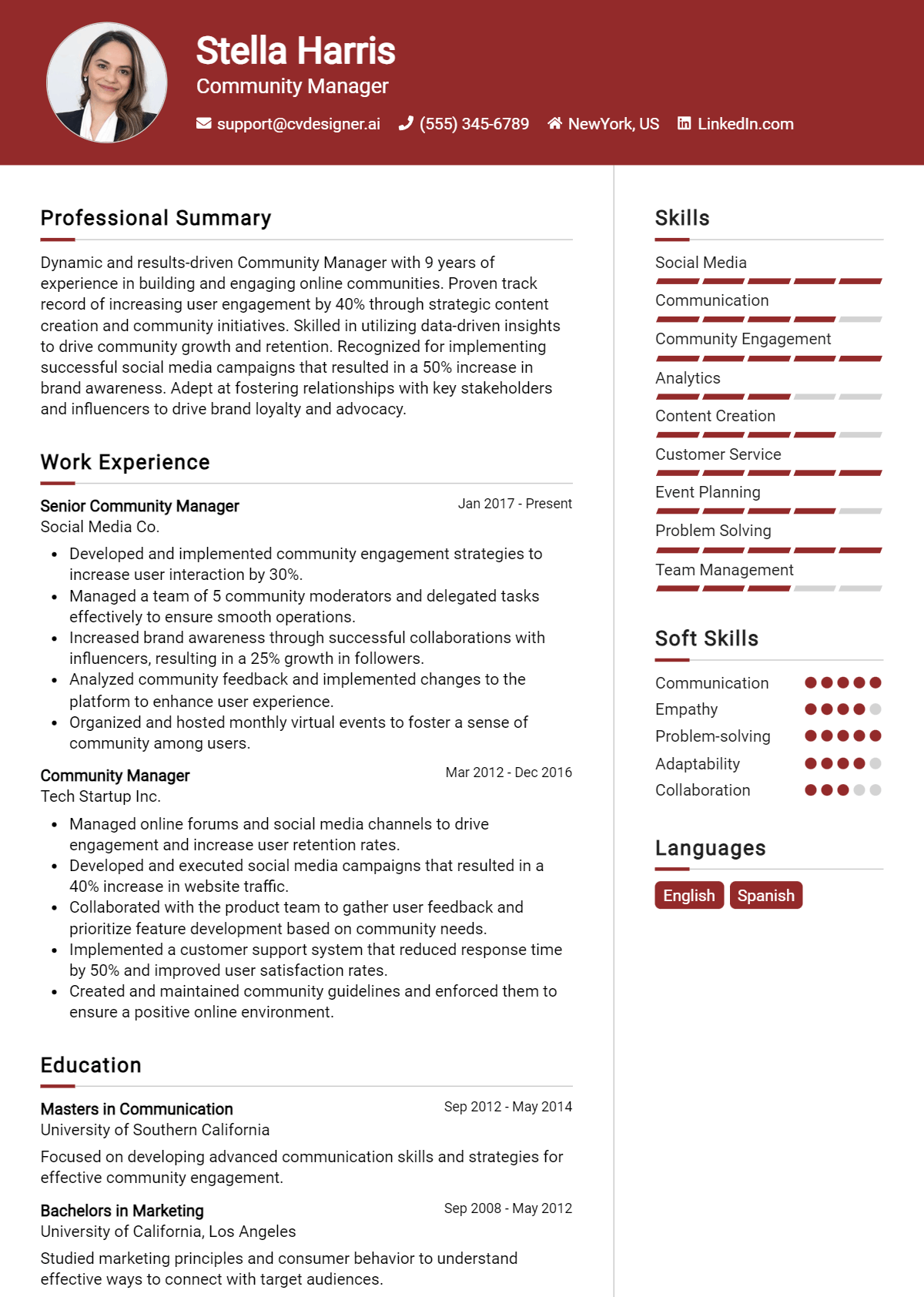 Community Manager Resume Example for 2024: Tips & Templates - CVDesigner.ai