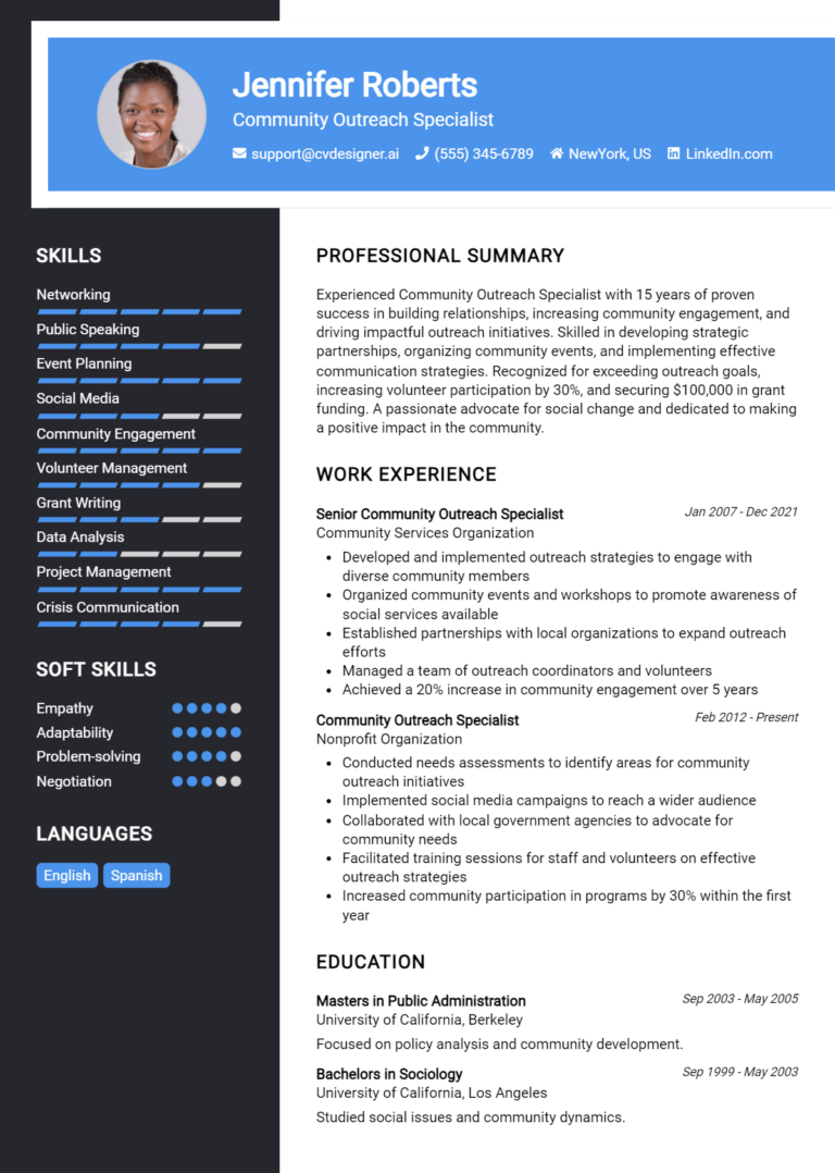 Community Outreach Specialist Resume Example for 2025: Best Tips & Templates