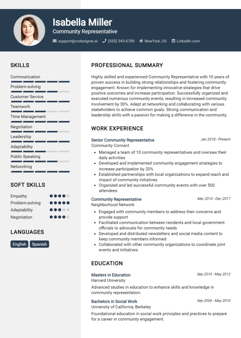 Community Representative Resume Example for 2025: Free Templates