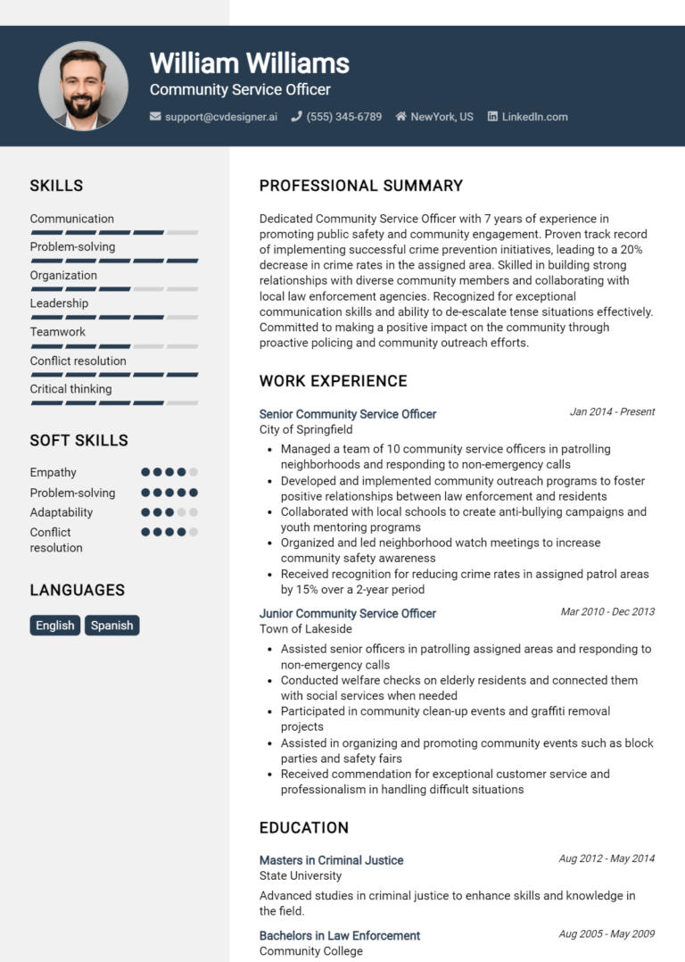 Community Service Officer Resume Example for 2025: Free Professional Templates
