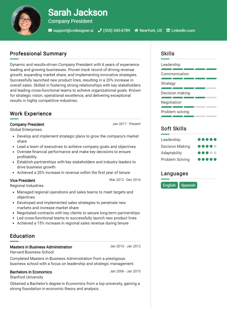 Company President Resume Example for 2025: Free Templates