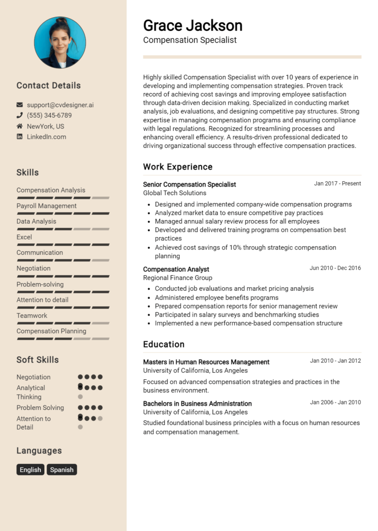 Compensation Specialist Resume Example for 2025: Professional CV Templates