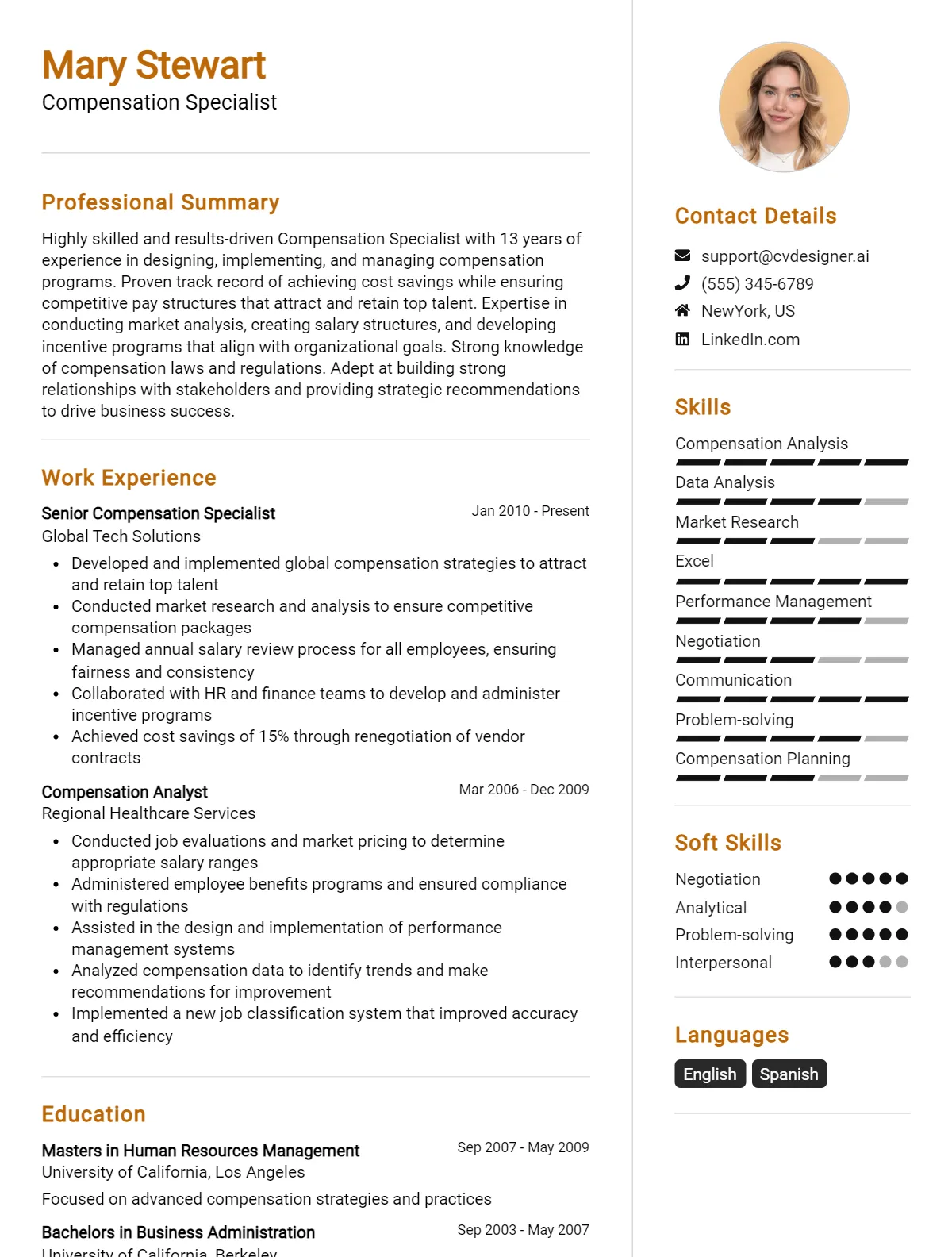 Compensation Specialist CV Example
