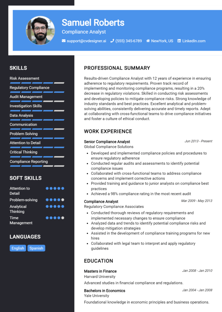 Compliance Analyst Resume Example for 2025: Tips & Templates