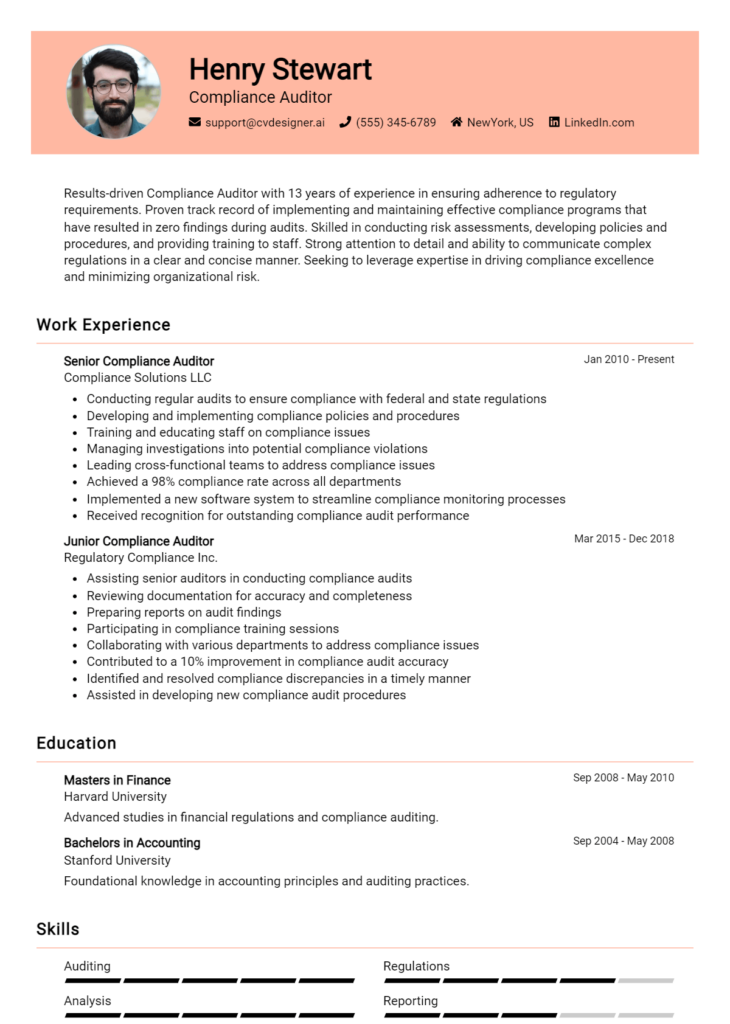 Compliance Auditor Resume Example