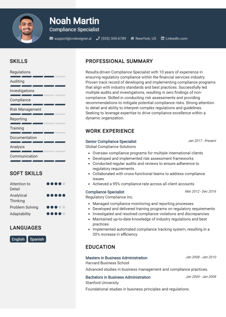 Compliance Specialist Resume Example for 2025: How to Create a Professional CV