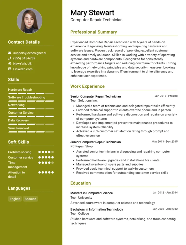 Computer Repair Technician CV Example For 2025: Expert Tips & Templates