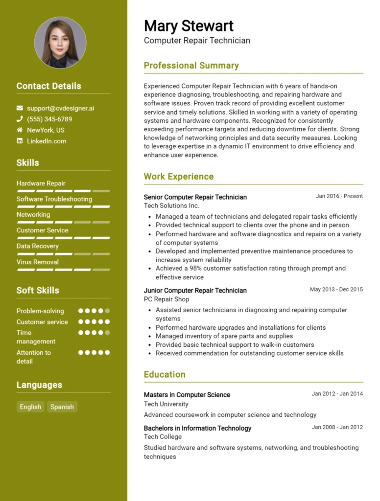 Computer Repair Technician CV Example