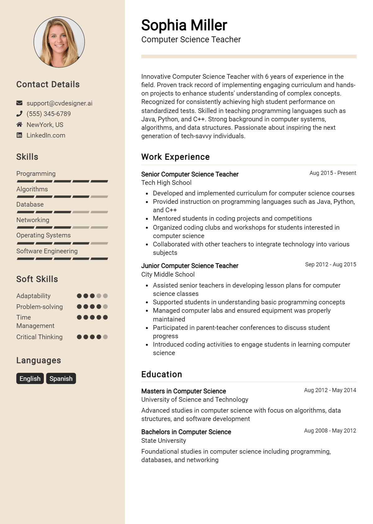 Computer Science Teacher Resume Example
