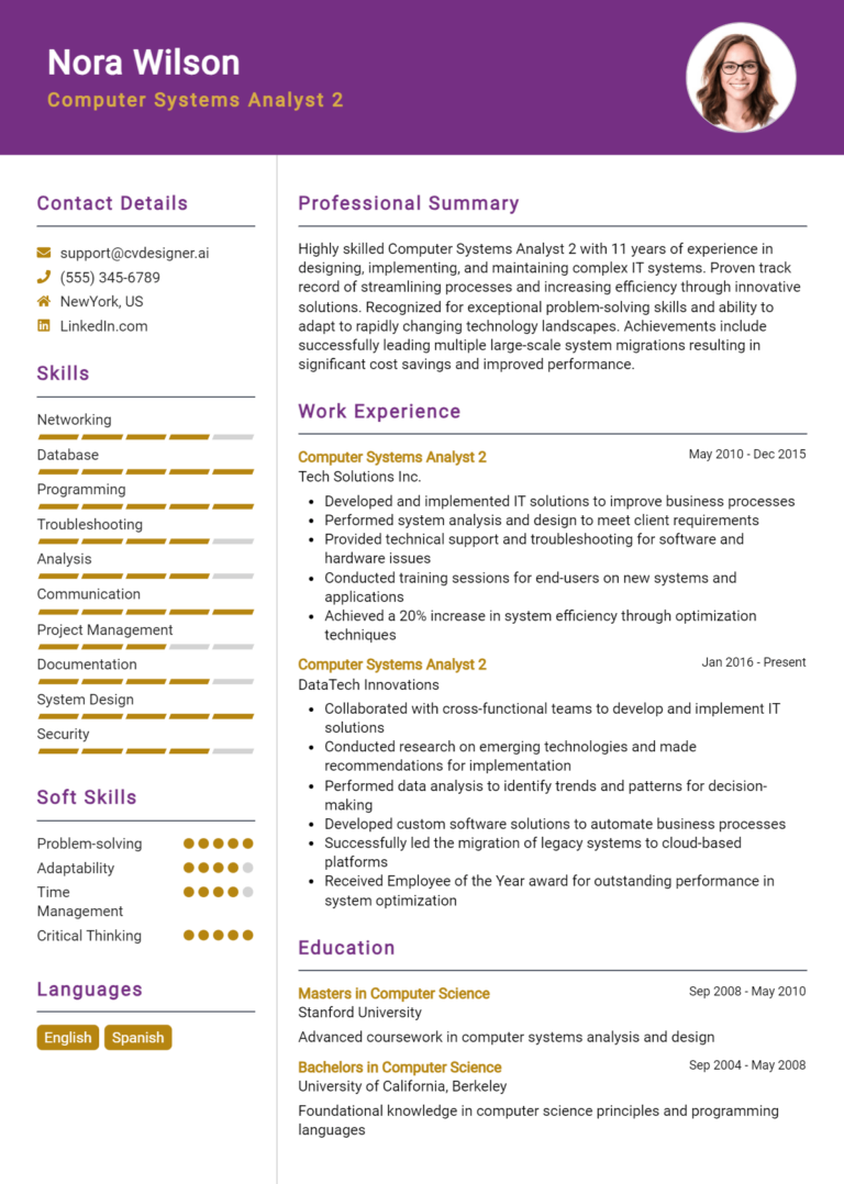 Computer Systems Analyst Resume Example for 2025: Tips & Templates