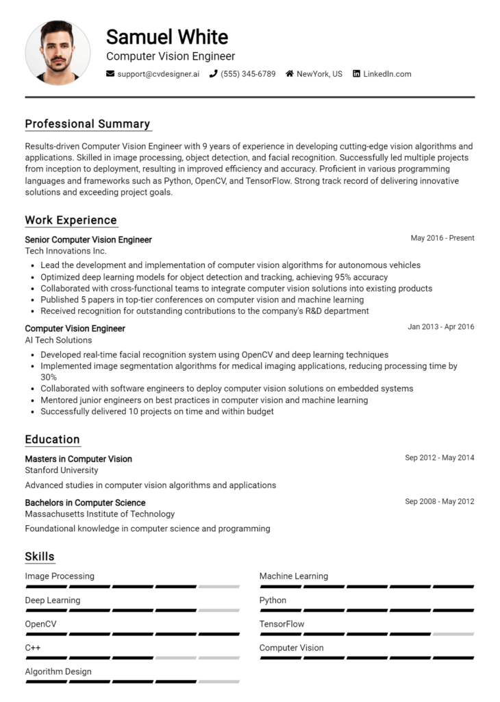 Computer Vision Engineer Resume Example