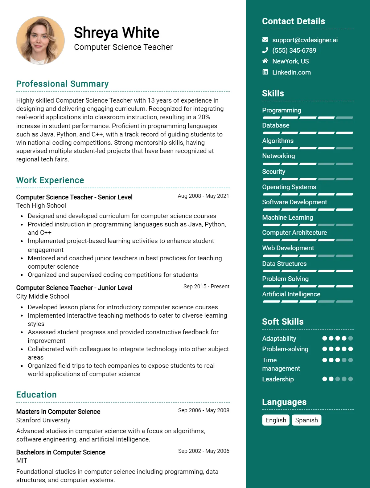 Computer Science Teacher CV Example