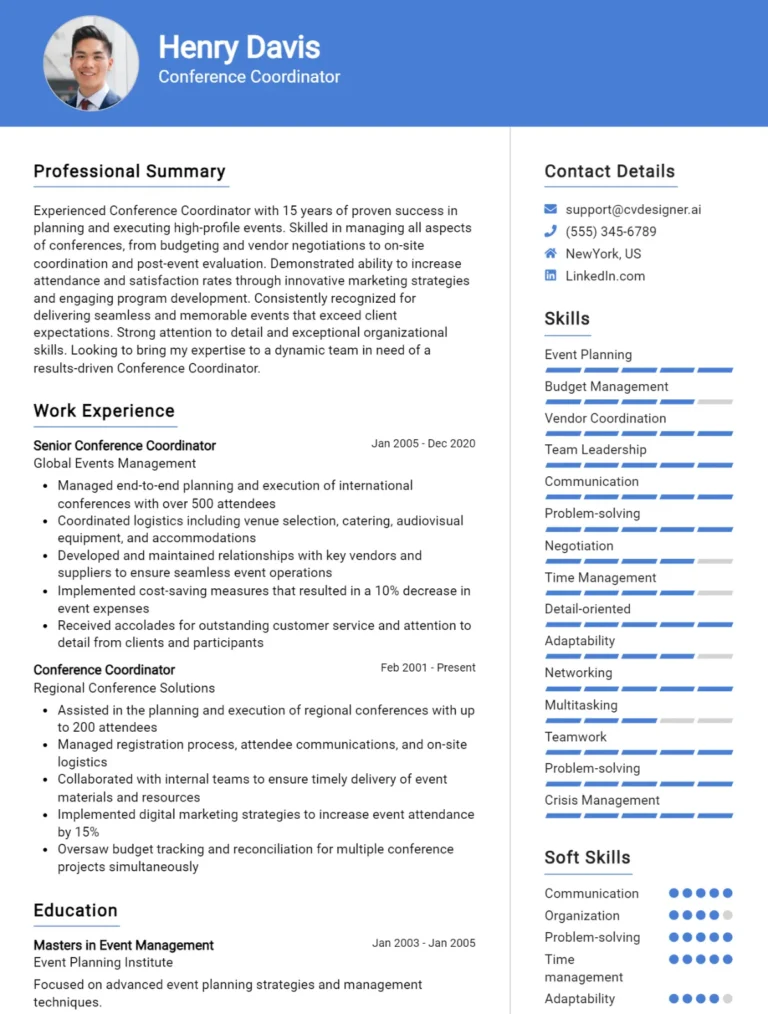Conference Coordinator CV Example For 2025: Strategies & Templates