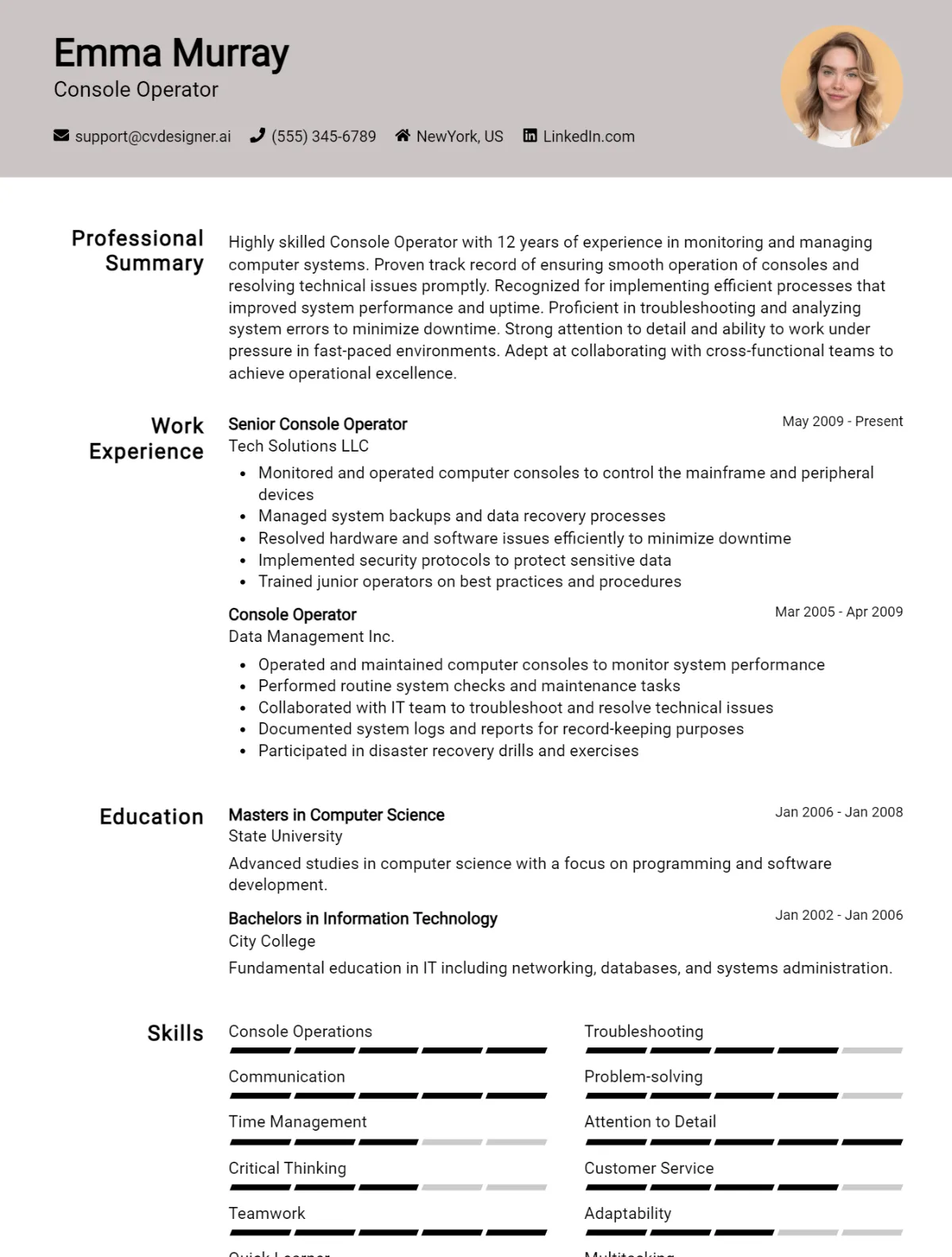 Console Operator CV Example