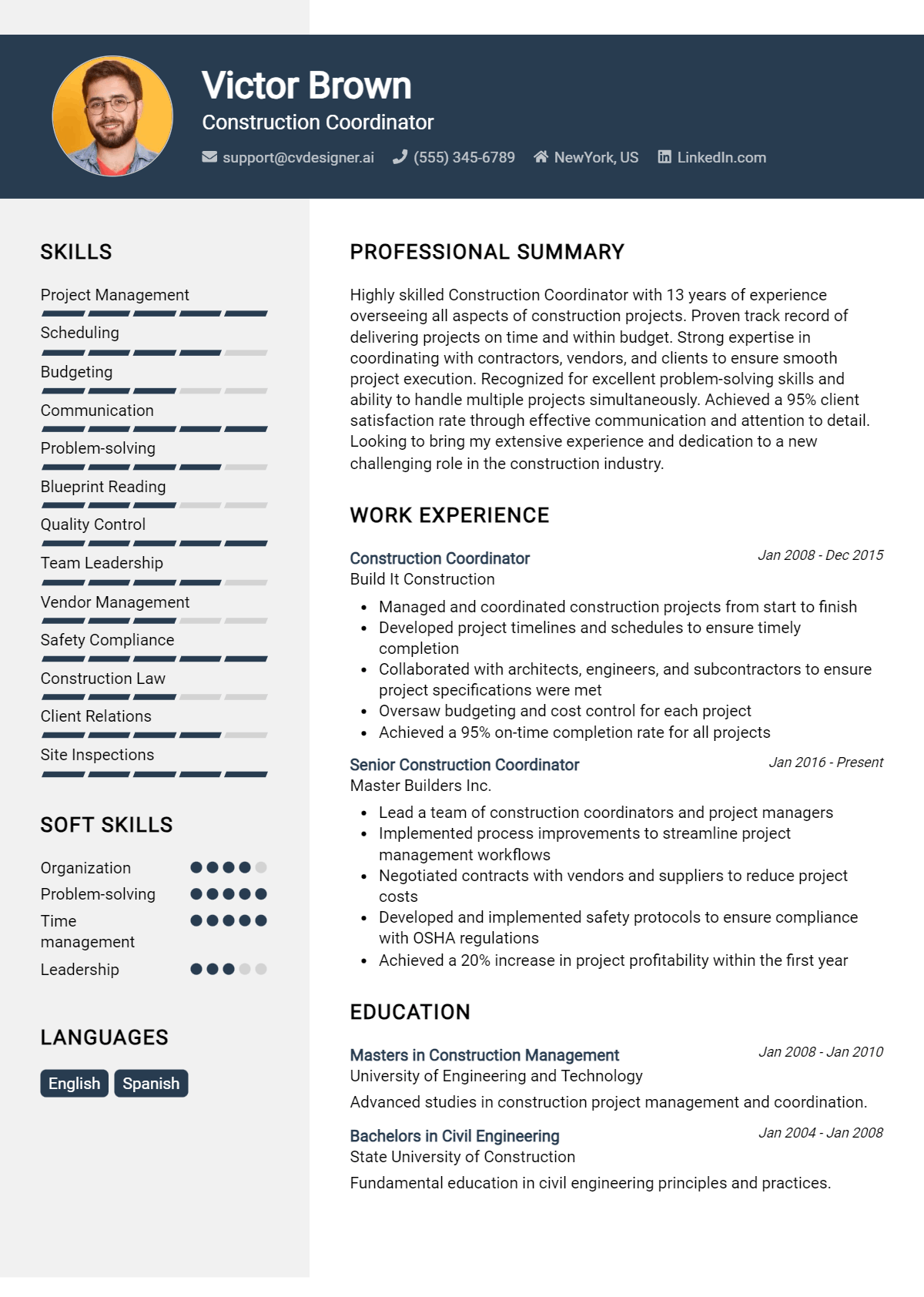 Construction Coordinator Resume Example