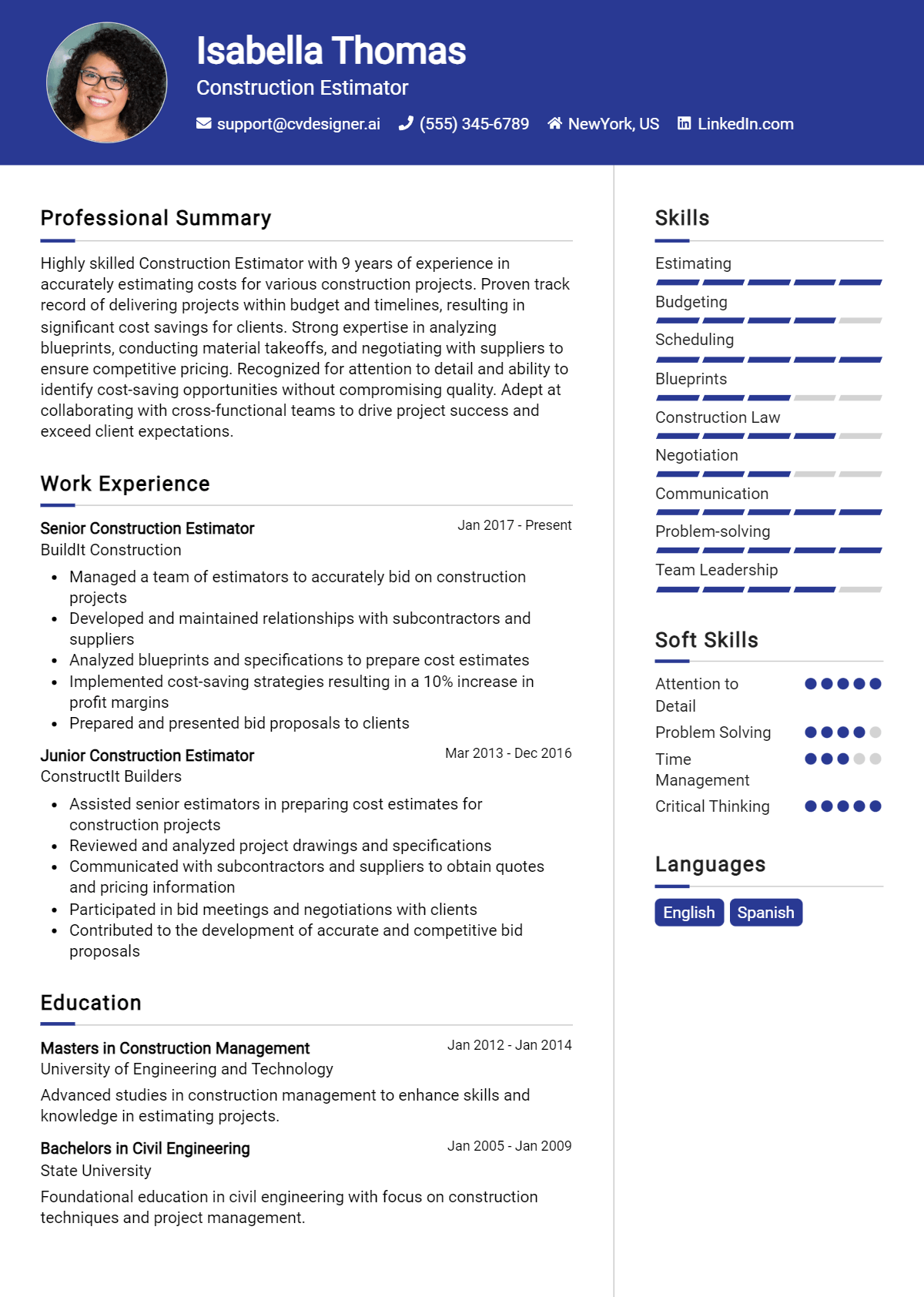 Construction Estimator Resume Example