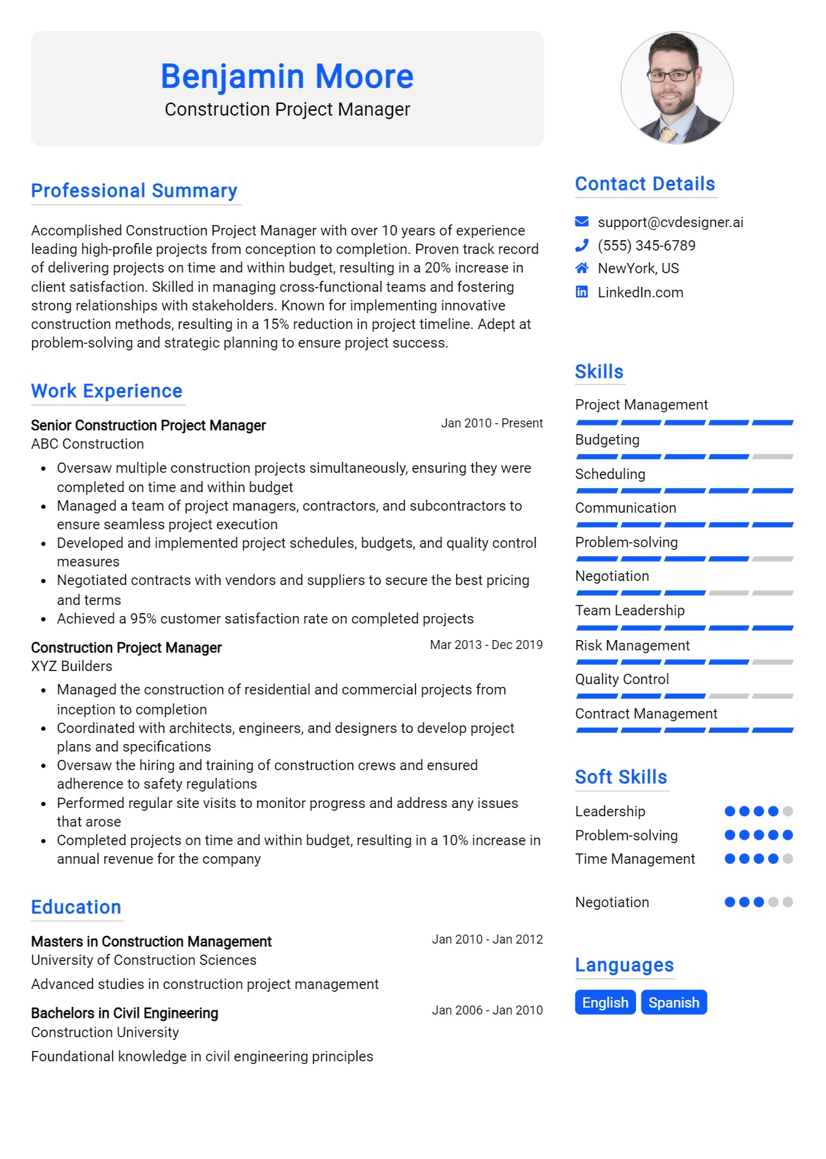 Construction Project Manager Resume Example