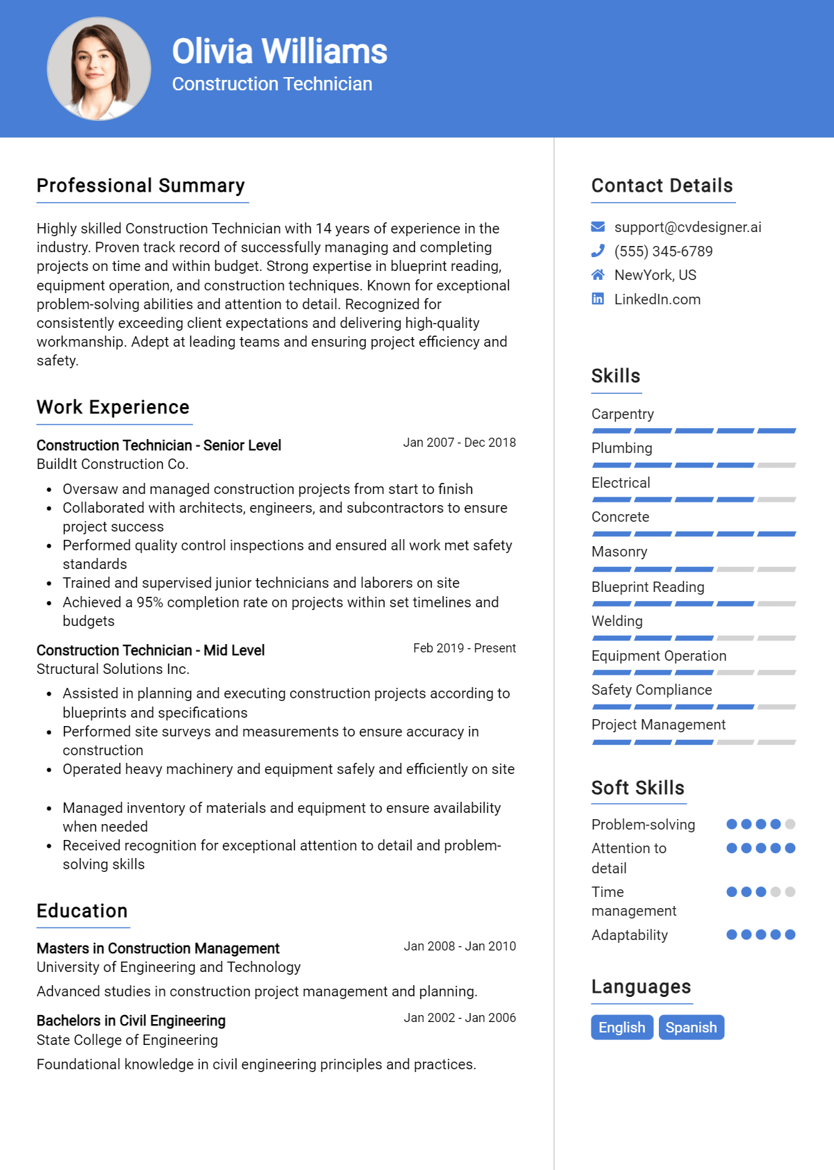 Construction Technician Resume Example