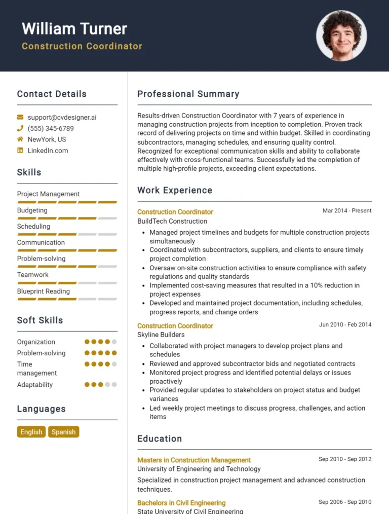 Construction Coordinator CV Example For 2025: Proven Tips & Templates