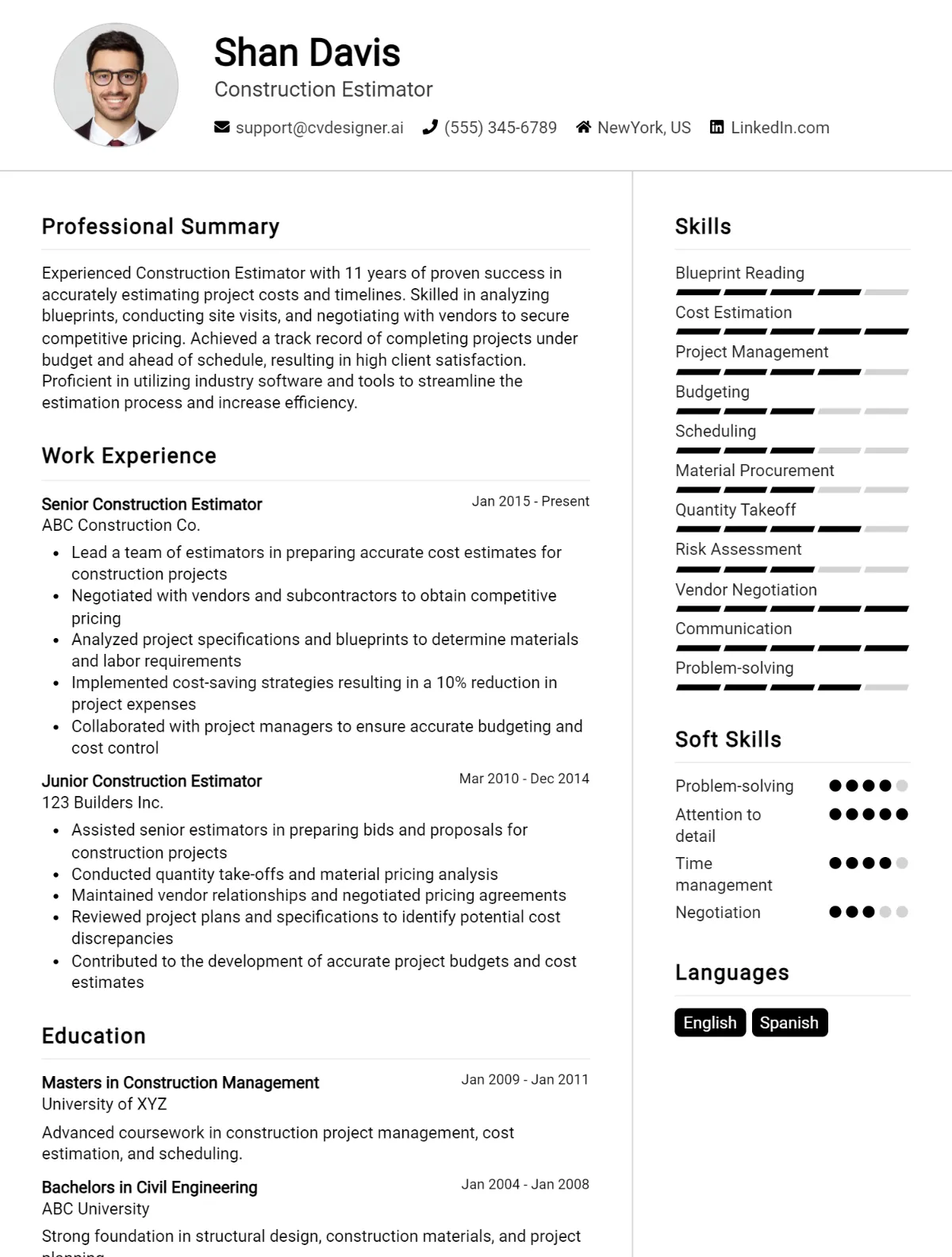 Construction Estimator CV Example