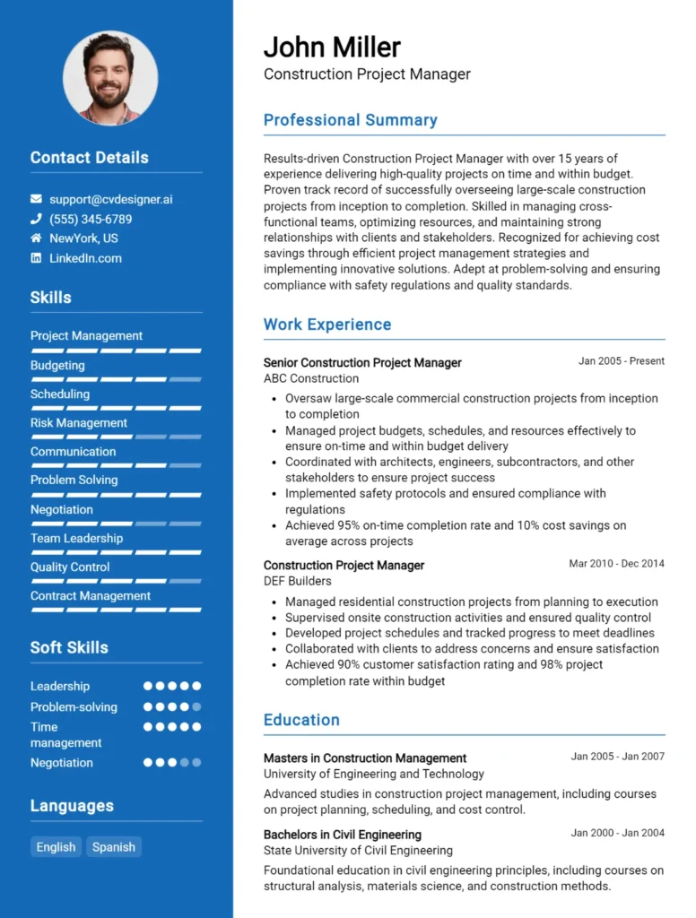 Construction Project Manager CV Example