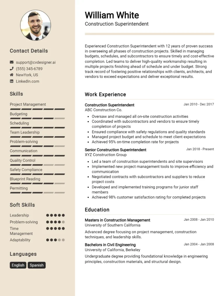 Construction Superintendent CV Example For 2025: Top CV Skills