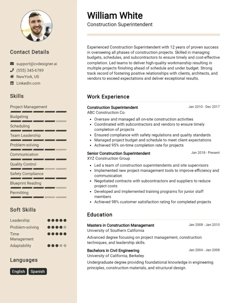 Construction Superintendent CV Example