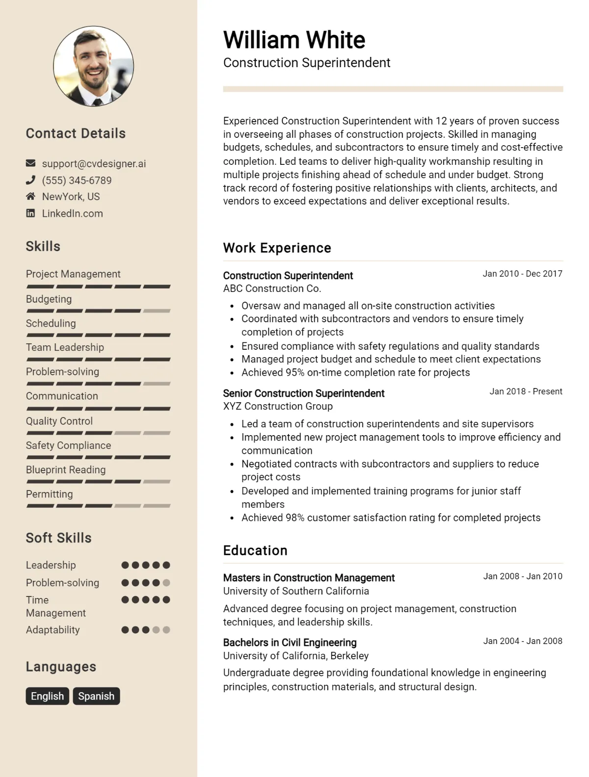 Construction Superintendent CV Example