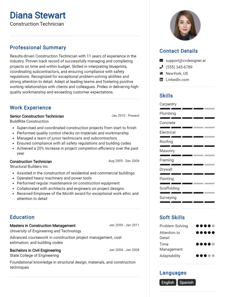 Construction Technician CV Example For 2025: Proven Tips & Templates