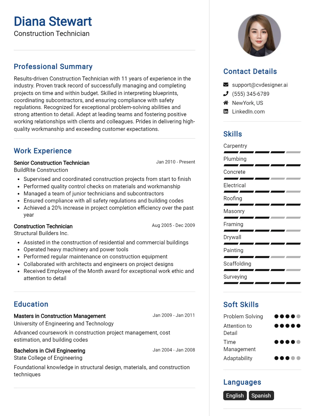 Construction Technician CV Example