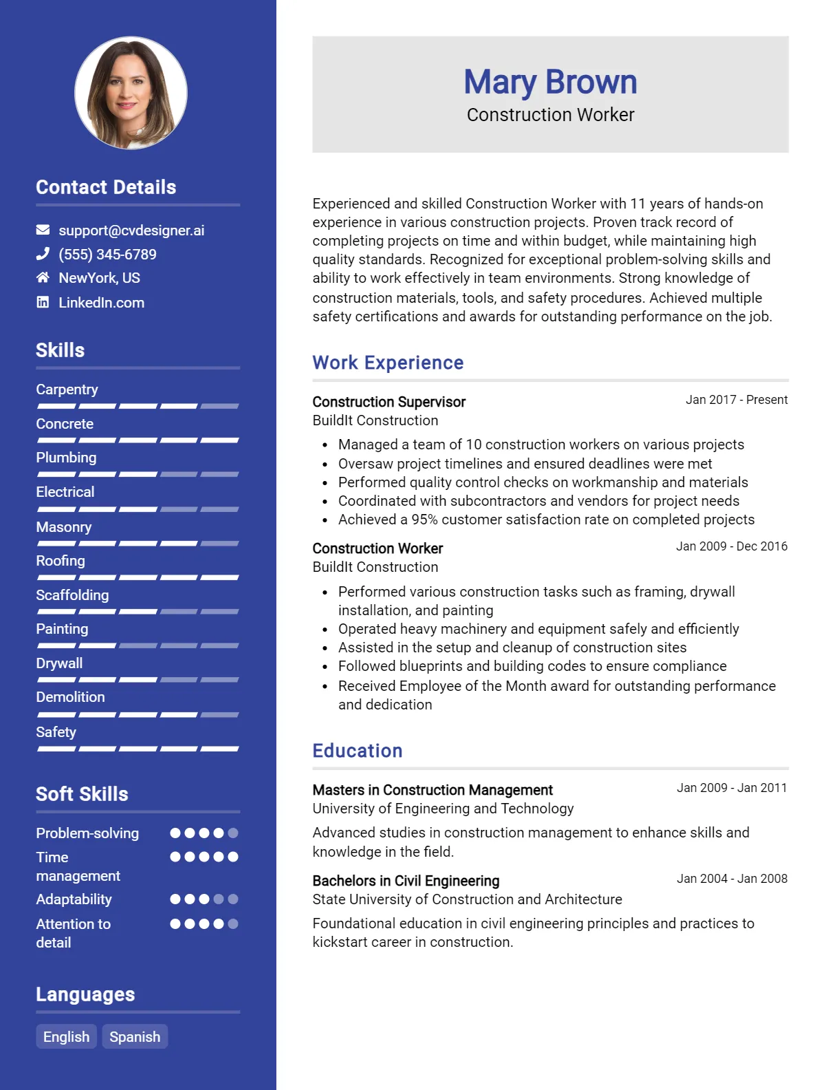 Construction Worker CV Example