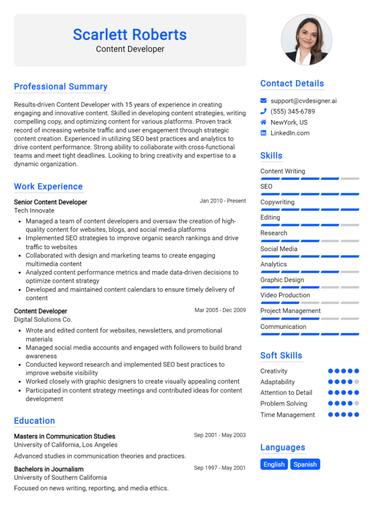 Content Developer Resume Example for 2025: Free Guide