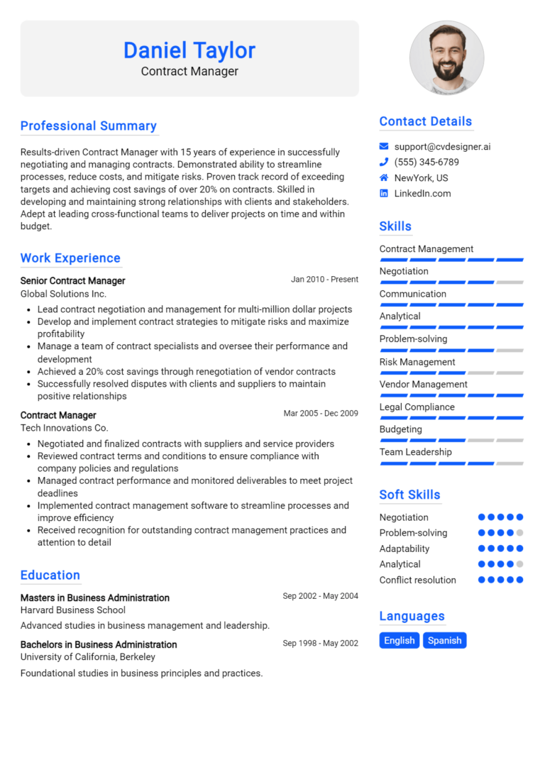 Contract Manager Resume Example for 2025: Downloadable Templates