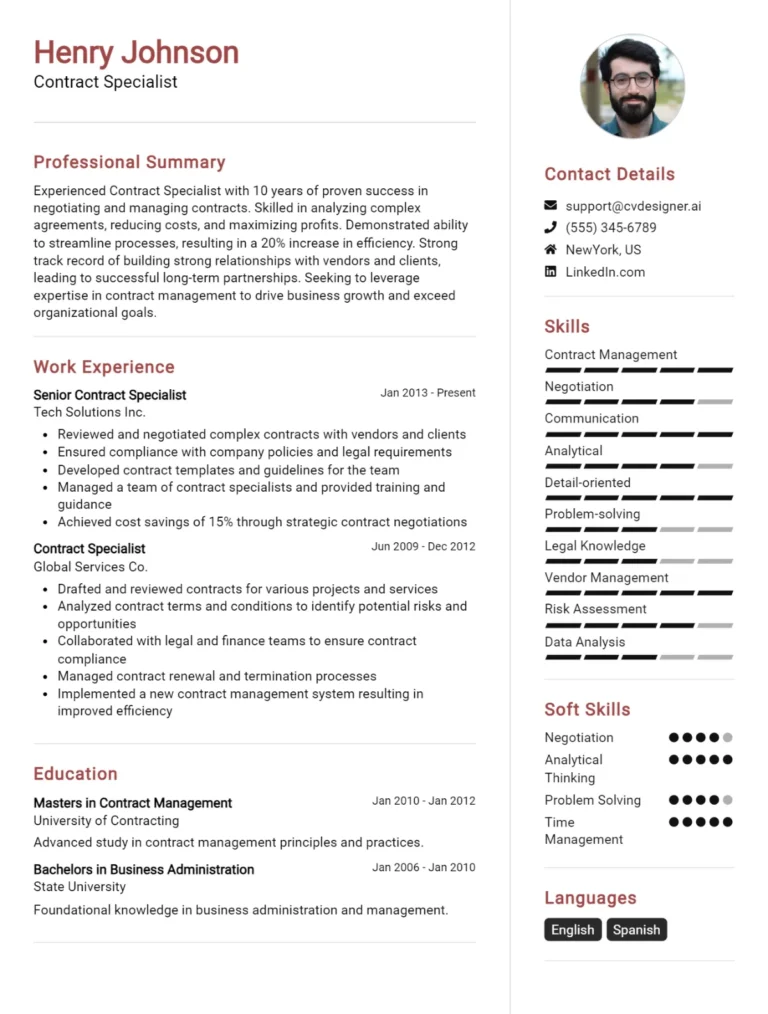 Contract Specialist CV Example For 2025: Tips & Templates