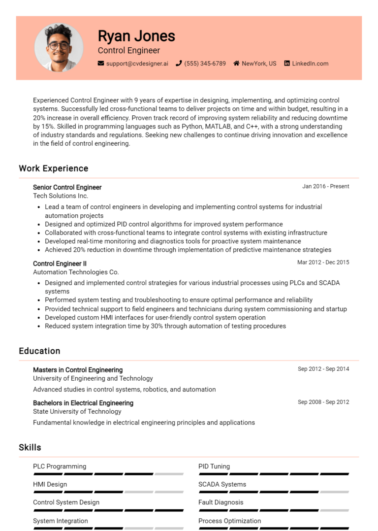 Control Engineer Resume Example for 2025: Professional CV Templates